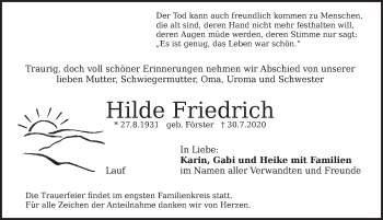 Traueranzeige von Hilde Friedrich von Pegnitz-Zeitung