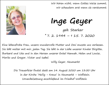 Traueranzeige von Inge Geyer von Der Bote