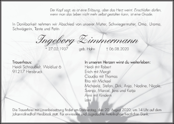 Traueranzeige von Ingeborg Zimmermann von Hersbrucker Zeitung