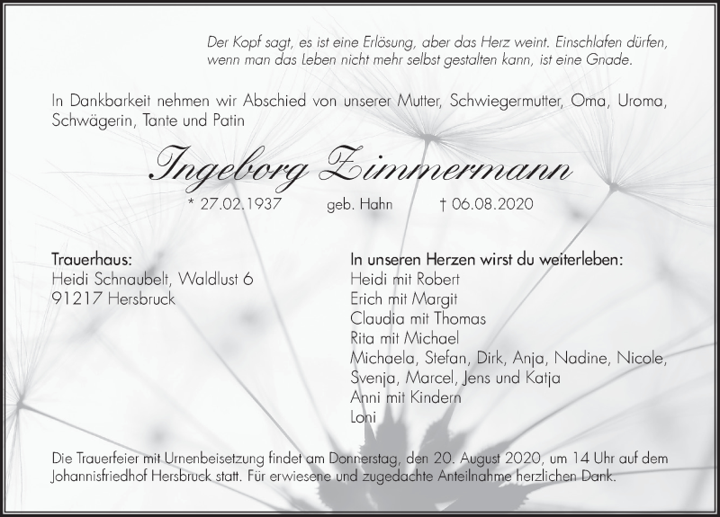  Traueranzeige für Ingeborg Zimmermann vom 18.08.2020 aus Hersbrucker Zeitung