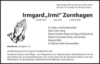 Traueranzeige von Irmgard  Zornhagen von Hersbrucker Zeitung
