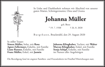 Traueranzeige von Johanna Müller von Der Bote
