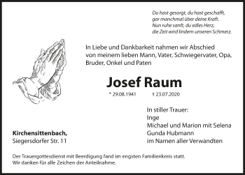 Traueranzeige von Josef Raum von Hersbrucker Zeitung