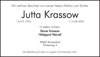 Traueranzeige von Jutta Krassow von Pegnitz-Zeitung