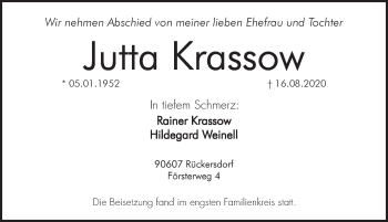 Traueranzeige von Jutta Krassow von Pegnitz-Zeitung