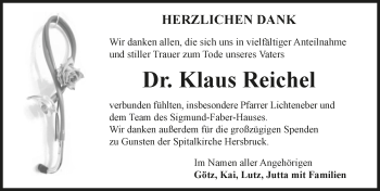 Traueranzeige von Klaus Reichel von Hersbrucker Zeitung