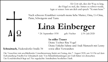 Traueranzeige von Lina Einberger von Pegnitz-Zeitung