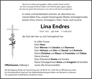 Traueranzeige von Lina Endres von Hersbrucker Zeitung