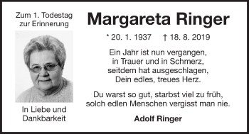 Traueranzeige von Margareta Ringer von Der Bote