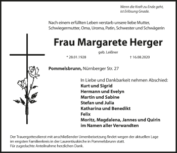 Traueranzeige von Margarete Herger von Hersbrucker Zeitung