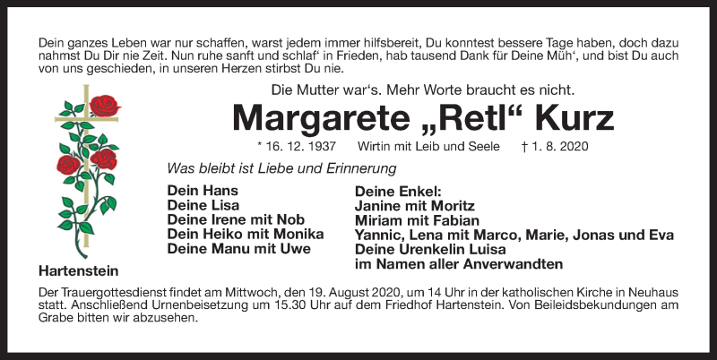  Traueranzeige für Margarete Kurz vom 17.08.2020 aus Hersbrucker Zeitung