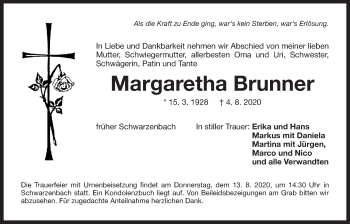 Traueranzeige von Margaretha Brunner von Der Bote