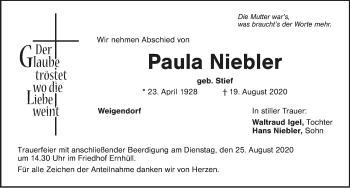 Traueranzeige von Paula Niebler von Hersbrucker Zeitung