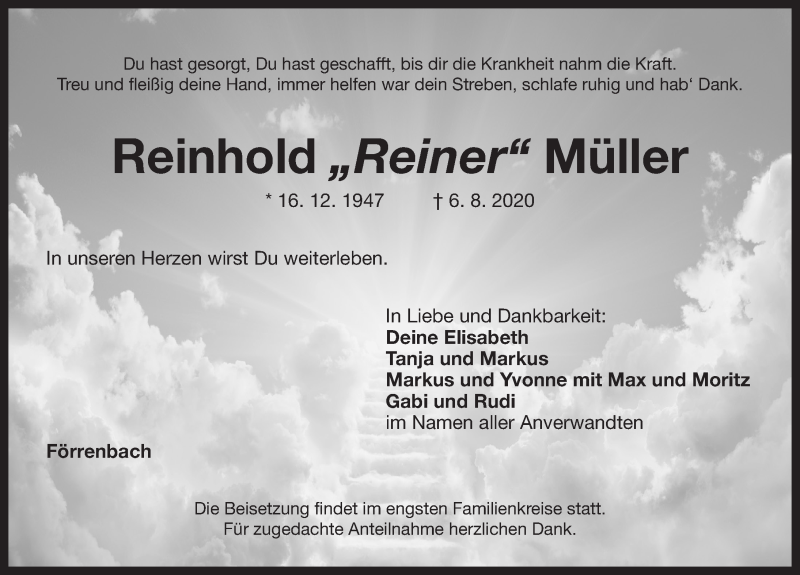  Traueranzeige für Reinhold Müller vom 10.08.2020 aus Hersbrucker Zeitung