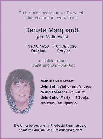 Traueranzeige von Renate Marquardt von Der Bote