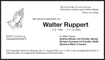 Traueranzeige von Walter Ruppert von Der Bote