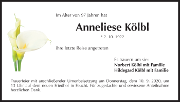 Traueranzeige von Anneliese Kölbl von Der Bote