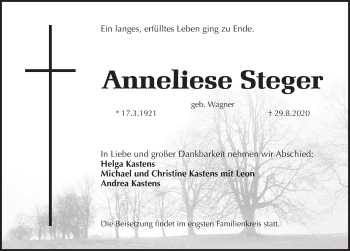 Traueranzeige von Anneliese Steger von Pegnitz-Zeitung