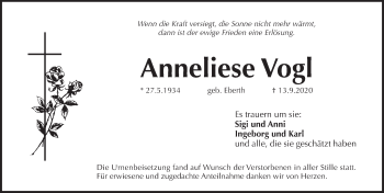 Traueranzeige von Anneliese Vogl von Pegnitz-Zeitung