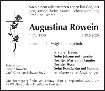 Traueranzeige von Augustina Rowein von Pegnitz-Zeitung