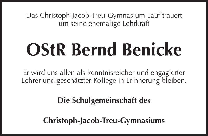  Traueranzeige für Bernd Benicke vom 01.09.2020 aus Pegnitz-Zeitung