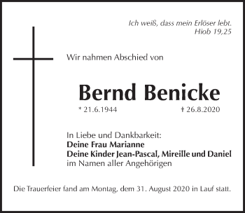 Traueranzeige von Bernd Benicke von Pegnitz-Zeitung