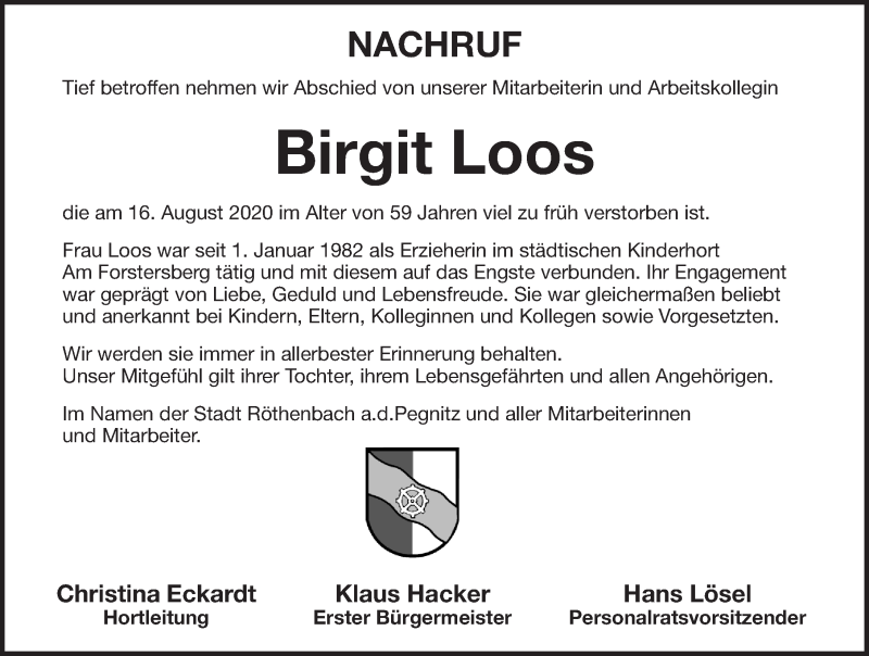  Traueranzeige für Birgit Loos vom 05.09.2020 aus Pegnitz-Zeitung
