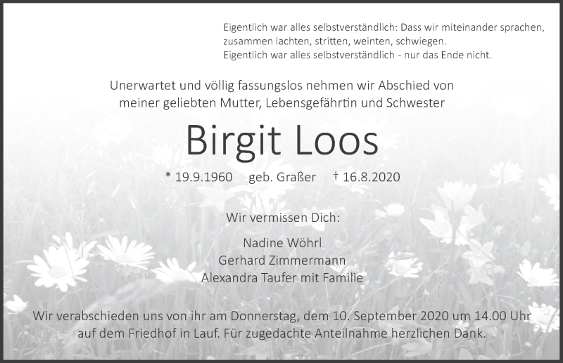  Traueranzeige für Birgit Loos vom 05.09.2020 aus Pegnitz-Zeitung