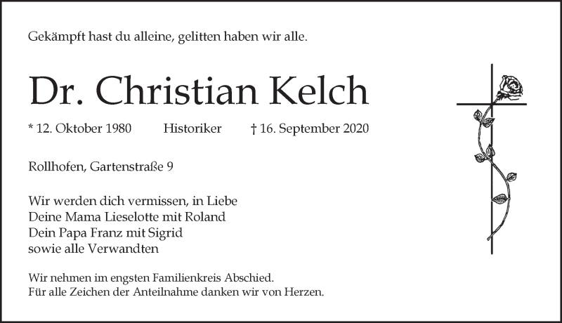  Traueranzeige für Christian Kelch vom 19.09.2020 aus Pegnitz-Zeitung