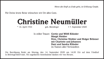Traueranzeige von Christine Neumüller von Pegnitz-Zeitung