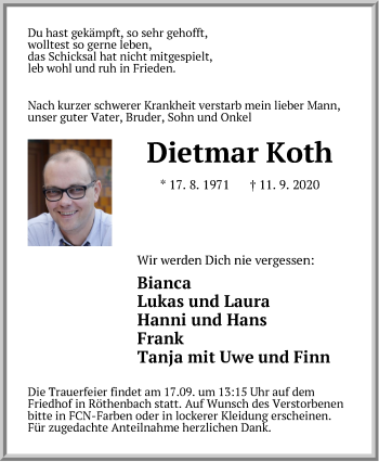 Traueranzeige von Dietmar Koth von Pegnitz-Zeitung
