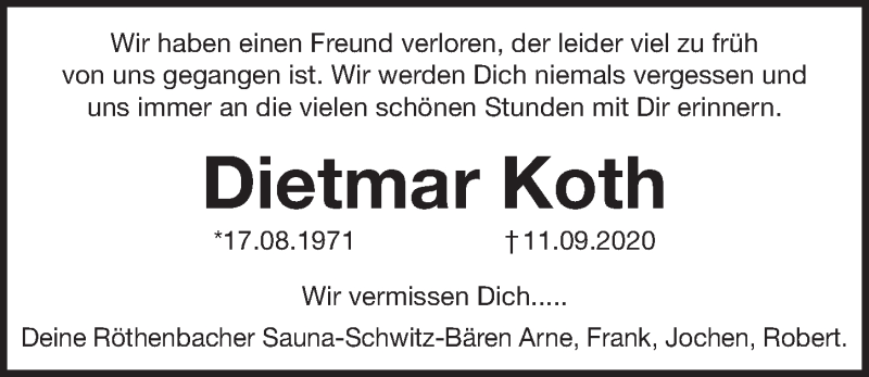  Traueranzeige für Dietmar Koth vom 15.09.2020 aus Pegnitz-Zeitung