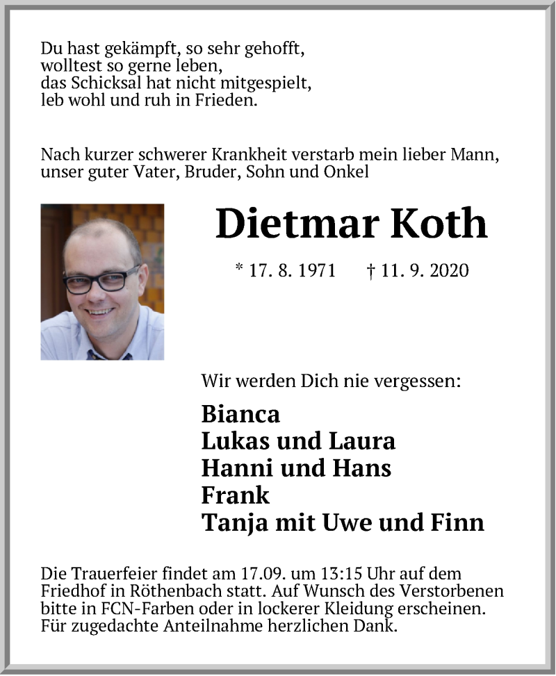  Traueranzeige für Dietmar Koth vom 15.09.2020 aus Pegnitz-Zeitung