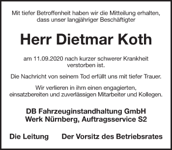 Traueranzeige von Dietmar Koth von Pegnitz-Zeitung