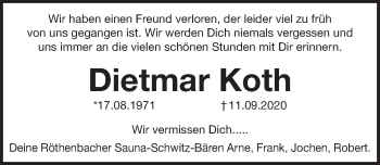 Traueranzeige von Dietmar Koth von Pegnitz-Zeitung