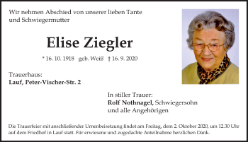 Traueranzeige von Elise Ziegler von Pegnitz-Zeitung