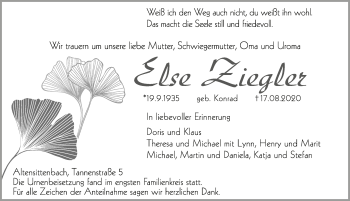 Traueranzeige von Else Ziegler von Hersbrucker Zeitung