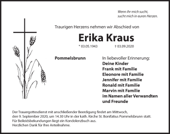 Traueranzeige von Erika Kraus von Hersbrucker Zeitung
