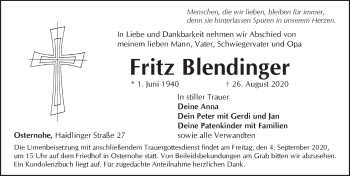 Traueranzeige von Fritz Blendinger von Pegnitz-Zeitung