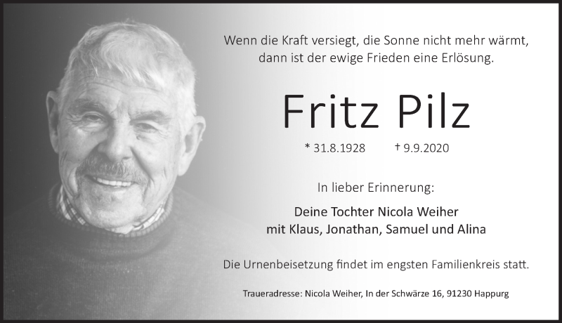  Traueranzeige für Fritz Pilz vom 12.09.2020 aus Pegnitz-Zeitung