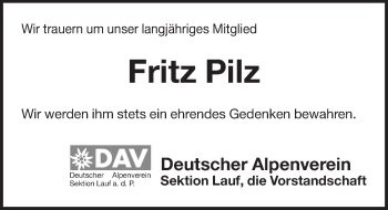 Traueranzeige von Fritz Pilz von Pegnitz-Zeitung