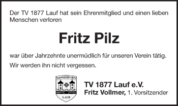 Traueranzeige von Fritz Pilz von Pegnitz-Zeitung