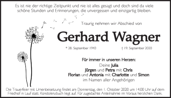 Traueranzeige von Gerhard Wagner von Pegnitz-Zeitung