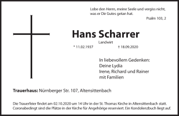 Traueranzeige von Hans Scharrer von Hersbrucker Zeitung