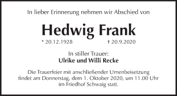 Traueranzeige von Hedwig Frank von Pegnitz-Zeitung