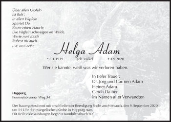 Traueranzeige von Helga Adam von Hersbrucker Zeitung