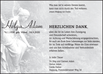 Traueranzeige von Helga Adam von Hersbrucker Zeitung