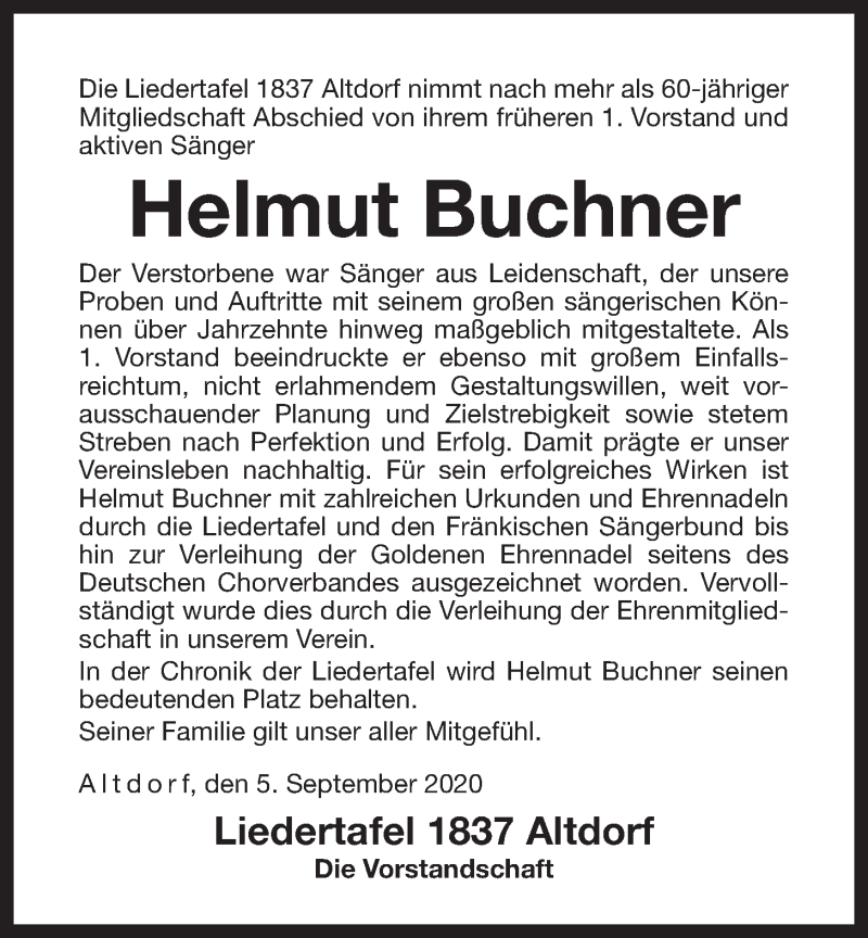  Traueranzeige für Helmut Buchner vom 05.09.2020 aus Der Bote