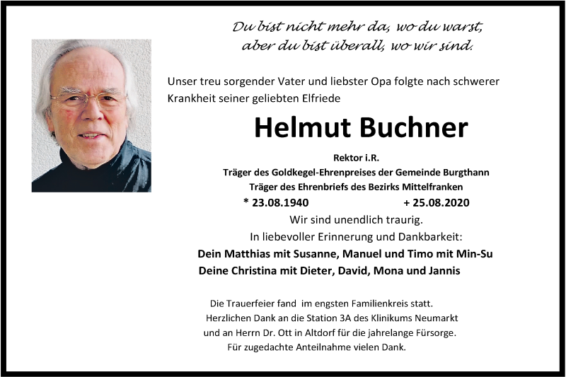  Traueranzeige für Helmut Buchner vom 05.09.2020 aus Der Bote