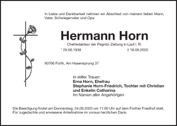Traueranzeige von Hermann Horn von Pegnitz-Zeitung